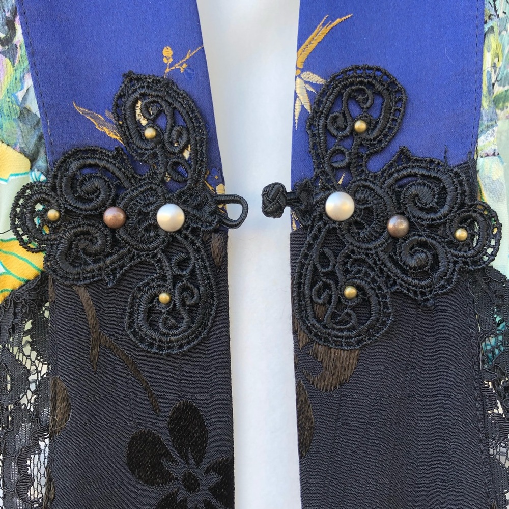 👘 NWT Vintage Spencer Alexis Asian Inspired Silk Lace Black Blue Kimono Jacket - Picture 4 of 16